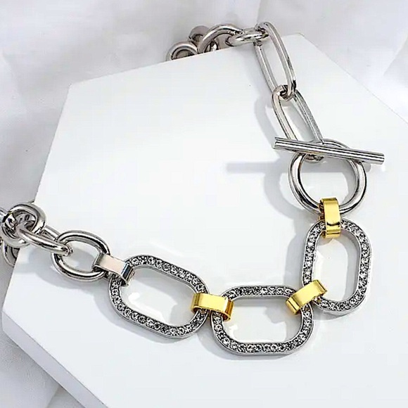 Silver Crystal Chain Link Punk Statement Necklace - Picture 6 of 12
